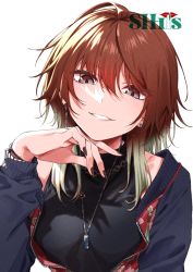 Rule 34 | 1girl, aketa mikoto, black jacket, black shirt, blue eyes, bracelet, brown nails, commentary request, earrings, fingernails, gradient hair, green hair, hair between eyes, hand on own cheek, hand on own face, highres, ice reizou, idolmaster, idolmaster shiny colors, jacket, jewelry, long fingernails, long hair, long sleeves, looking at viewer, multicolored hair, nail polish, necklace, open clothes, open jacket, parted lips, shirt, smile, solo, unzipped, upper body
