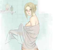 Rule 34 | 1girl, bad id, bad pixiv id, bathroom, blonde hair, breasts, covering privates, eyelashes, glasses, green eyes, indoors, lips, looking at viewer, mature female, nude, original, red-framed eyewear, see-through, shampoo, short hair, soap, solo, steam, torisoboro, towel, window