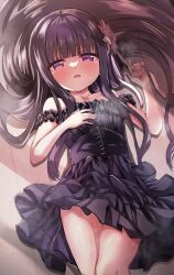 Rule 34 | 1girl, artina, bare shoulders, black dress, black hair, blush, breasts, commentary request, dress, flower, hair flower, hair ornament, hair spread out, highres, long hair, looking at viewer, lying, on back, open mouth, original, purple eyes, small breasts, solo, sweat, very long hair