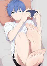 Rule 34 | 1boy, barefoot, bishounen, black shorts, blue eyes, blue hair, cellphone, closed mouth, couch, facing viewer, feet, foot focus, foreshortening, from above, hair between eyes, highres, hiraganako2525, holding, holding phone, looking at viewer, looking up, lying, male focus, on back, original, phone, pillow, shirt, short hair, short sleeves, shorts, smartphone, toes, white shirt