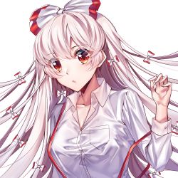 Rule 34 | 1girl, bow, breast pocket, breasts, cleavage, collarbone, commentary request, dark jewel (gem oblivion), fujiwara no mokou, hair bow, hand up, head tilt, long hair, long sleeves, looking at viewer, medium breasts, parted lips, pocket, red eyes, shirt, silver hair, simple background, solo, suspenders, suspenders slip, touhou, upper body, white background, white bow, white shirt, wing collar