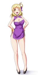 Rule 34 | 10s, 1girl, ;d, bare legs, blonde hair, blush, bracelet, braid, breasts, china dress, chinese clothes, cleavage, cleavage cutout, clothing cutout, commentary request, crown braid, dress, full body, green eyes, hair ribbon, hair rings, hands on own hips, high heels, highres, jewelry, large breasts, love live!, love live! school idol festival, love live! sunshine!!, ohara mari, one eye closed, open mouth, pigeon-toed, purple ribbon, ribbon, short dress, side slit, simple background, smile, solo, white background, yopparai oni