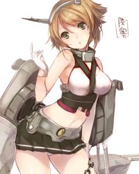 Rule 34 | 10s, 1girl, bad id, bad pixiv id, bare shoulders, breasts, brown hair, character name, gloves, green eyes, head tilt, headgear, kantai collection, large breasts, looking at viewer, midriff, miniskirt, mutsu (kancolle), navel, personification, short hair, skirt, solo, teroru, upskirt, white background, white gloves