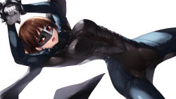 Rule 34 | 1girl, arms up, blue bodysuit, bodysuit, breasts, brown hair, cait aron, gloves, highres, large breasts, long sleeves, looking at viewer, mask, niijima makoto, open mouth, persona, persona 5, red eyes, short hair, simple background, solo, white background, white gloves