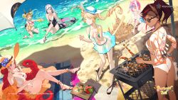 Rule 34 | 6+girls, aisha (polygon project), animal ears, bare shoulders, bikini, blonde hair, breasts, brown hair, cleavage, collarbone, commentary request, cooking, dark-skinned female, dark skin, everyone, green hair, grill, grilling, highres, hoku (polygon project), innertube, lapine (polygon project), lucene (polygon project), luxia (polygon project), multiple girls, navel, official art, pink hair, polygon project, rabbit ears, red hair, salmon88, second-party source, silver hair, swim ring, swimsuit, thai commentary, virtual youtuber, zona (polygon project)