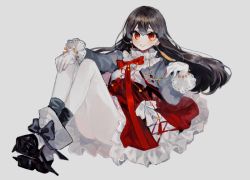Rule 34 | 1girl, bad id, bad pixiv id, black hair, bow, dress, earrings, gloves, grey background, jewelry, looking at viewer, lunchicken, original, pantyhose, red eyes, ribbon, simple background, solo, white pantyhose