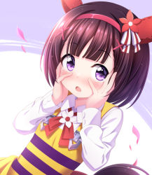 Rule 34 | 1girl, animal ears, black hair, blush, bow, collared shirt, commentary request, dress, flower, hair flower, hair ornament, hairband, hairclip, hands up, horse ears, horse girl, horse tail, looking at viewer, nishino flower (umamusume), petals, purple background, purple eyes, red bow, red flower, red hairband, shirt, sleeveless, sleeveless dress, solo, striped clothes, striped dress, sui. (ayase), tail, two-tone background, umamusume, white background, white flower, white shirt, x hair ornament
