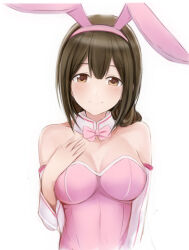 Rule 34 | 1girl, animal ears, bare shoulders, blush, bow, bowtie, braid, braided ponytail, breasts, brown eyes, brown hair, cleavage, closed mouth, collar, collarbone, detached collar, detached sleeves, dot nose, fake animal ears, hairband, hand on own chest, hand up, idolmaster, idolmaster shiny colors, kuwayama chiyuki, large breasts, leotard, long hair, long sleeves, looking at viewer, nannacy7, pink bow, pink bowtie, pink hairband, pink leotard, rabbit ears, simple background, single braid, smile, solo, strapless, strapless leotard, upper body, white background, white collar, white sleeves