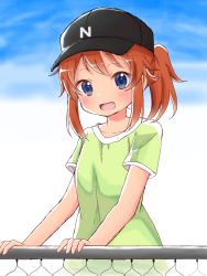Rule 34 | 1girl, :d, baseball cap, black hat, blue eyes, blurry, blurry background, blush, brown hair, chain-link fence, commentary request, depth of field, fence, green shirt, hat, head tilt, koshigaya natsumi, long hair, looking at viewer, non non biyori, open mouth, ponytail, shika (s1ka), shirt, short sleeves, sidelocks, smile, solo, white background