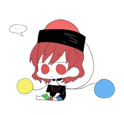 Rule 34 | ..., 1girl, 6 (yuchae), bare shoulders, black shirt, chain, chibi, clothes writing, collar, earth (ornament), expressionless, hat, hecatia lapislazuli, moon (ornament), multicolored clothes, multicolored skirt, off-shoulder shirt, off shoulder, red eyes, red hair, shirt, sitting, skirt, solo, t-shirt, touhou, white background