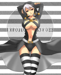 Rule 34 | 1girl, black eyes, black sclera, breasts, cleavage, colored sclera, genderswap, genderswap (mtf), hat, jojo no kimyou na bouken, large breasts, navel, oshijou, osijoh, red eyes, risotto nero, short hair, striped clothes, striped thighhighs, thighhighs, underboob