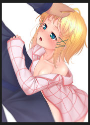 Rule 34 | 10s, 1girl, bare shoulders, black bullet, blonde hair, blue eyes, blush, hair ornament, long hair, looking at viewer, minimiko3013, open mouth, pajamas, headpat, solo, solo focus, tina sprout