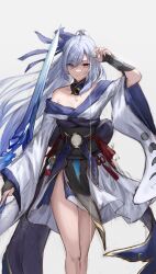 Rule 34 | 1girl, absurdres, arm up, bakemonsou, blue hair, closed mouth, commentary request, feet out of frame, grey background, hair ornament, highres, honkai: star rail, honkai (series), japanese clothes, jingliu (honkai: star rail), long hair, long sleeves, looking at viewer, pouring, red eyes, sash, simple background, single bare shoulder, smile, solo, standing, thighs, water, wide sleeves