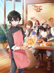 Rule 34 | 1girl, 3boys, apron, armor, bald, black eyes, black hair, blush, breastplate, brown eyes, brown hair, casserole, cover, cover page, croquette, day, food, fried chicken, glasses, green eyes, highres, indoors, light rays, long hair, looking at another, looking at viewer, multiple boys, novel cover, open clothes, open mouth, open vest, parted lips, pasta, plant, potted plant, restaurant, rimless eyewear, saikyou no kanteishi tte dare no koto?, school uniform, shirako miso, sitting, smile, spaghetti, standing, sunbeam, sunlight, tongs, vambraces, vest