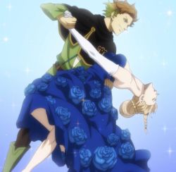 Rule 34 | 1boy, 1girl, bare shoulders, black clover, blonde hair, blue dress, breasts, charlotte roselei, dress, finral roulacase, highres, large breasts, stitched, third-party edit