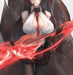Rule 34 | 1girl, absurdres, akagi (azur lane), akagi (muse) (azur lane), azur lane, bare shoulders, between breasts, black gloves, black jacket, blush, breasts, brown hair, character name, cleavage, detached sleeves, fox tail, gloves, hand up, headset, highres, holding, holding instrument, instrument, jacket, large breasts, large tail, long hair, looking at viewer, necktie, off shoulder, pantyhose, red eyes, shirt, shoes, skirt, smile, solo, tail, white shirt, wing collar, yusha m