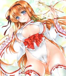Rule 34 | 1girl, absurdres, artist name, at classics, bell, blue eyes, blush, bow, breasts, cameltoe, cowboy shot, detached sleeves, frilled sleeves, frills, gluteal fold, gohei, hair ribbon, hairband, hands up, highres, holding, japanese clothes, jingle bell, large breasts, leotard, long hair, long sleeves, looking at viewer, miko, nontraditional miko, orange hair, original, red bow, resized, ribbon, ribbon-trimmed legwear, ribbon-trimmed sleeves, ribbon trim, sample watermark, smile, solo, source request, thick thighs, thighhighs, thighs, upscaled, very long hair, watermark, white leotard, white thighhighs, wide sleeves