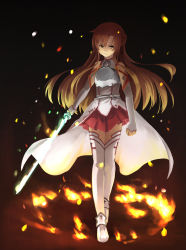 Rule 34 | 10s, 1girl, armor, asuna (sao), bad id, bad pixiv id, bare shoulders, black background, boots, braid, brown hair, embers, fire, frown, highres, long hair, pleated skirt, skirt, solo, sword, sword art online, thigh boots, thighhighs, tokumaro, weapon
