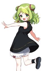 Rule 34 | 1girl, :d, bare arms, bare shoulders, black dress, black footwear, bloomers, blush, commentary request, double bun, dress, green eyes, green hair, hair bun, looking at viewer, looking to the side, morinaka kazaki, nijisanji, open mouth, outstretched arms, shoe soles, shoes, simple background, sleeveless, sleeveless dress, smile, solo, standing, standing on one leg, underwear, virtual youtuber, white background, white bloomers, yamabukiiro