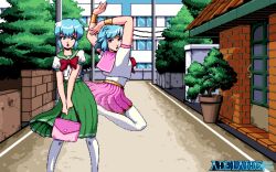 Rule 34 | 1girl, :o, arms up, bag, blue eyes, blue hair, bow, bowtie, bracer, building, commentary, day, dithering, english commentary, green skirt, handbag, illusionofmana, light blue hair, looking at viewer, magical girl, multiple views, original, outdoors, pantyhose, pink skirt, pixel art, plant, pleated skirt, potted plant, power lines, red bow, red bowtie, road, school uniform, serafuku, shirt, short hair, short sleeves, skirt, standing, street, tree, utility pole, watermark, white pantyhose, white shirt