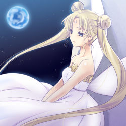 Rule 34 | 1990s (style), 1girl, bad id, bad pixiv id, bare shoulders, bishoujo senshi sailor moon, blonde hair, blue eyes, crescent, crescent facial mark, double bun, dress, earrings, earth (planet), facial mark, gown, half-closed eyes, jewelry, neo queen serenity, planet, princess, princess serenity, retro artstyle, silver hair, solo, space, strapless, strapless dress, tsukino usagi, twintails, yukian
