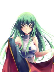 Rule 34 | 1girl, bare shoulders, breasts, c.c., chu nou, code geass, female focus, green hair, long hair, simple background, skin tight, solo, tank top, white background, yellow eyes