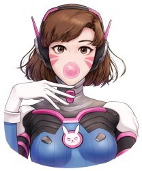 Rule 34 | 1girl, alternate hair length, alternate hairstyle, animal print, armor, artist name, bad id, bad twitter id, blue bodysuit, bodysuit, bracer, breasts, breasts apart, brown eyes, brown hair, blowing bubbles, chewing gum, d.va (overwatch), eyelashes, facepaint, facial mark, gloves, hand up, headphones, high collar, highres, looking at viewer, medium breasts, nose, overwatch, overwatch 1, parted lips, pauldrons, pilot suit, rabbit print, ribbed bodysuit, short hair, shoulder armor, shoulder pads, simple background, skin tight, small breasts, solo, turtleneck, upper body, whisker markings, white background, white gloves, zerozero