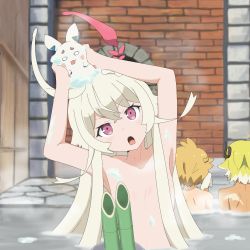 Rule 34 | 10s, 1girl, 2boys, bamboo, blonde hair, choko (last period), commentary request, convenient censoring, creature, dark skin, flat chest, gajel (last period), gobanme no mayoi neko, green hair, hair censor, hair over breasts, hair over one breast, hal (last period), highres, horns, last period, long hair, maroon eyes, mixed-sex bathing, multicolored hair, multiple boys, nude, onsen, partially submerged, shared bathing, short hair, two-tone hair, water, white hair