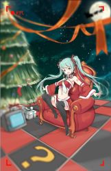 Rule 34 | 1girl, aqua eyes, aqua hair, bad id, bad pixiv id, black footwear, black thighhighs, boots, checkered floor, christmas, christmas tree, detached sleeves, full moon, gift, guaikalong, hatsune miku, headphones, headphones around neck, long hair, looking at viewer, moon, navel, necktie, night, open mouth, outstretched arms, recording, santa costume, sitting, skirt, solo, spread arms, tattoo, thigh boots, thighhighs, twintails, very long hair, viewfinder, vocaloid