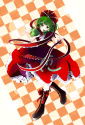 Rule 34 | 1girl, :d, boots, bow, breasts, checkered background, cleavage, colorized, cross-laced footwear, dress, female focus, frills, front ponytail, full body, green eyes, green hair, hair bow, heart, highres, ishikkoro, kagiyama hina, lace-up boots, large bow, long hair, matching hair/eyes, open mouth, ribbon, smile, solo, touhou, yume shokunin