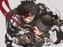 Rule 34 | 1boy, black hair, black pants, blood, blood on clothes, blood on face, cyp1a2, doudanuki masakuni, grey background, highres, japanese clothes, large pectorals, male focus, muscular, muscular male, open mouth, pants, pectorals, short hair, simple background, solo, torn clothes, torn pants, touken ranbu