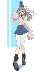 1girl ;d absurdres adapted_costume bare_legs black_socks blue_background blue_footwear blue_hat blue_skirt commentary_request crop_top drawstring full_body grey_hair gurajio hat highres long_sleeves looking_at_viewer medium_hair miniskirt mononobe_no_futo one_eye_closed open_mouth ponytail purple_eyes skirt smile socks solo sweater tate_eboshi touhou v-shaped_eyebrows