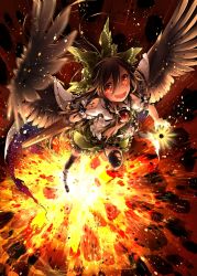 Rule 34 | 1girl, :d, arm cannon, bandaged leg, bandages, belt, black hair, black ribbon, black thighhighs, black wings, boots, bow, breasts, cape, dress shirt, explosion, feathered wings, fire, flying, frills, full body, green bow, green skirt, hair between eyes, hair bow, highres, lace, lace-trimmed skirt, lace-trimmed sleeves, lace trim, long hair, looking at viewer, motion blur, navel, open clothes, open mouth, open shirt, radiation symbol, red eyes, reiuji utsuho, ribbon, shirt, short sleeves, skirt, small breasts, smile, solo, stomach, tattoo, teeth, thighhighs, third eye, torn clothes, torn shirt, torn thighhighs, touhou, toutenkou, weapon, white shirt, wings