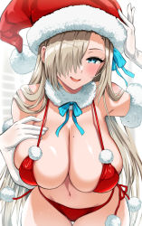 Rule 34 | 1girl, asuna (blue archive), bare shoulders, bikini, blue archive, blue eyes, blush, breasts, christmas, cleavage, collarbone, elbow gloves, fur-trimmed headwear, fur trim, gloves, hair over one eye, hat, highres, kojima saya, large breasts, light brown hair, long hair, looking at viewer, mole, mole on breast, navel, open mouth, red bikini, red hat, santa hat, smile, solo, swimsuit, thighs, white gloves