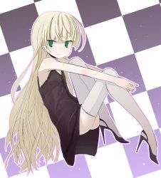 Rule 34 | 1girl, black dress, blonde hair, checkered background, dress, gosick, green eyes, high heels, highres, hime cut, long hair, shoes, solo, thighhighs, ume (datsuryokugen), very long hair, victorica de blois, white thighhighs, zettai ryouiki