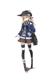 Rule 34 | 10s, 1girl, alternate costume, anchor hair ornament, animal hat, aqua eyes, bag, bba1985, black ribbon, black thighhighs, blonde hair, blush, boots, brown footwear, brown skirt, cat hat, full body, hair ornament, hair ribbon, handbag, hat, highres, jacket, kantai collection, long hair, long sleeves, prinz eugen (kancolle), ribbon, scarf, shadow, simple background, skirt, solo, striped clothes, striped scarf, thighhighs, twintails, white background, winter clothes, zettai ryouiki