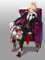 Rule 34 | 1girl, absurdres, armchair, bad id, bad pixiv id, black footwear, black suit, blonde hair, bouquet, braid, brown vest, chair, collared shirt, dress shirt, eyes visible through hair, fate/apocrypha, fate/grand order, fate (series), flower, formal, french braid, full body, gloves, green eyes, grey background, grin, hair ornament, hair scrunchie, head rest, highres, long sleeves, looking at viewer, mona0101, mordred (fate), mordred (fate/apocrypha), mordred (formal dress) (fate), parted bangs, ponytail, red scrunchie, rose, scrunchie, shirt, shoes, sitting, smile, solo, suit, vest, white flower, white gloves, white rose, white shirt