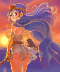 Rule 34 | 1girl, ass, blue hair, breasts, cape, chunsoft, circlet, covered erect nipples, dragon quest, dragon quest iii, earrings, elbow gloves, enix, from behind, gloves, jewelry, large breasts, red eyes, sage (dq3), see-through, solo, staff, sunset