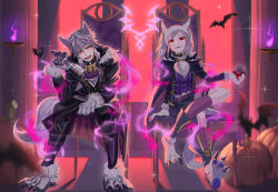 Rule 34 | 1boy, 1girl, absurdres, ag button, alcohol, animal collar, animal ears, animal hands, aura, bat (animal), chair, claws, cloak, collaboration, collar, corruption, crossed legs, dark aura, dark persona, dual persona, evil smile, eyes of grima, fangs, fire, fire emblem, fire emblem awakening, fire emblem heroes, fur trim, gloves, grima (fire emblem), halloween, halloween costume, highres, inusukino1, looking at viewer, nintendo, official alternate costume, paw gloves, paw shoes, possessed, possession, pumpkin, purple fire, robin (female) (fire emblem), robin (female) (halloween) (fire emblem), robin (fire emblem), robin (male) (fire emblem), robin (male) (halloween) (fire emblem), sitting, smile, sparkle, spiked collar, spikes, tail, werewolf costume, wine, wolf ears, wolf tail
