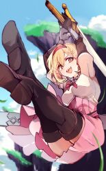 Rule 34 | 1girl, arms up, blonde hair, blurry, blurry background, boots, breasts, brown footwear, djeeta (granblue fantasy), dress, eri (erikiri), full body, gauntlets, granblue fantasy, grass, hairband, highres, holding, holding sword, holding weapon, medium breasts, midair, pink dress, red hairband, scabbard, sheath, short hair, sword, thigh boots, weapon