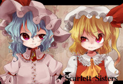 Rule 34 | 2girls, blonde hair, blue hair, bow, dress, embodiment of scarlet devil, fang, flandre scarlet, frills, half updo, hat, high collar, highres, looking at another, multiple girls, pinafore dress, puffy short sleeves, puffy sleeves, rarorimiore, red eyes, remilia scarlet, ribbon, short hair, short sleeves, side ponytail, sleeveless dress, smirk, squinting, touhou, upper body