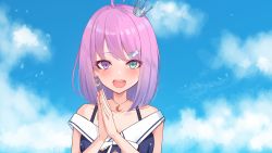 Rule 34 | :d, ahoge, bare shoulders, black dress, blue sky, blush, candy hair ornament, clapping, cloud, cloudy sky, collarbone, crescent, crescent earrings, crescent necklace, crown, dress, earrings, food-themed hair ornament, green eyes, hair ornament, hairclip, hands up, heterochromia, highres, himemori luna, himemori luna (sundress), hololive, jewelry, looking at viewer, meme, mini crown, necklace, neon genesis evangelion, off-shoulder dress, off shoulder, omedetou! (meme), open mouth, own hands together, parody, pink hair, purple eyes, sky, smile, solo, star (symbol), teeth, tilted headwear, upper body, upper teeth only, virtual youtuber, yoshiheihe