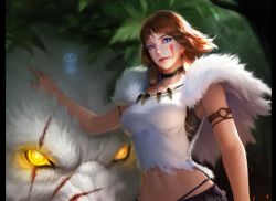 Rule 34 | 1girl, anyuananyuan, armlet, black choker, blue eyes, breasts, brown eyes, brown hair, choker, crop top, eyelashes, facepaint, facial mark, fur, glowing, glowing eyes, highres, jewelry, looking at viewer, medium breasts, mononoke hime, navel, necklace, nose, san (mononoke hime), scar, scar across eye, scar on face, short hair, solo, stomach, tooth, tooth necklace, wolf, wolf tooth, yellow eyes