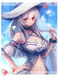 Rule 34 | 1girl, 3 (sanyako1), absurdres, angelfish, arknights, bare shoulders, blue sky, blush, border, bracelet, breasts, character name, cleavage, closed mouth, collar, collarbone, day, expressionless, fish, grey hair, hand on own hip, hat, highres, holding, holding own hair, infection monitor (arknights), jewelry, large breasts, long hair, looking at viewer, navel, official alternate costume, outdoors, red eyes, skadi (arknights), skadi (waverider) (arknights), sky, solo, stomach, sun hat, upper body, very long hair, white border, white hat