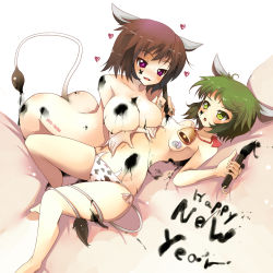 Rule 34 | 00s, 2009, 2girls, animal ears, animal print, ass, barefoot, bell, blush, bodypaint, breasts, brown hair, calligraphy brush, cow, cow ears, cow girl, cow print, cow tail, cowbell, drawing on another&#039;s face, green eyes, green hair, hanetsuki, heart, huge breasts, ippongui, large breasts, multiple girls, new year, original, paintbrush, painting (action), panties, pasties, purple eyes, short hair, tail, underwear, yuri