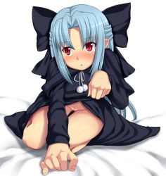 Rule 34 | 00s, 1girl, bad id, bad pixiv id, bed, black dress, blue hair, blush, bow, cape, capelet, clothes lift, dress, dress lift, hair bow, half updo, koucha (nodoka-123), len (tsukihime), lifting own clothes, naked cape, no panties, paw pose, pointy ears, red eyes, ribbon, solo, tsukihime