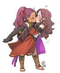 Rule 34 | 2girls, blush, boots, braid, brown hair, carrying, dark-skinned female, dark skin, dorothea arnault, dress, earrings, closed eyes, facial tattoo, fire emblem, fire emblem: three houses, green eyes, highres, interracial, jewelry, kiss, long hair, looking at another, multiple girls, nintendo, aged up, petra macneary, ponytail, princess carry, purple hair, simple background, surprised, tattoo, thigh boots, thighhighs, ticcy, wavy hair, white background, yuri