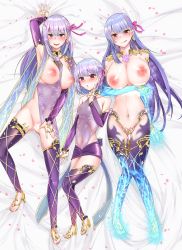 Rule 34 | 3girls, arm up, armlet, armor, armpits, bare shoulders, bikini armor, blush, bracelet, breasts, breasts out, censored, cleavage, collar, covered erect nipples, detached sleeves, dress, earrings, fate/grand order, fate (series), floral print, flower, hair ribbon, heart, heart censor, index finger raised, jewelry, kama (fate), kama (first ascension) (fate), kama (second ascension) (fate), kama (third ascension) (fate), large breasts, licking lips, long hair, looking at viewer, lotus, lying, metal collar, miniskirt, multiple girls, multiple persona, nail polish, navel, nipples, on back, open mouth, pelvic curtain, petals, purple dress, purple legwear, purple skirt, purple sleeves, red eyes, ribbon, ring, sandals, short hair, silver hair, skirt, small breasts, smile, spread legs, thighhighs, thighlet, tongue, tongue out, yumeneko nyaa