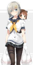 Rule 34 | 10s, 2girls, bag, black legwear, blue eyes, breasts, brown eyes, brown hair, carrying, commentary request, female focus, finger in own mouth, gloves, grocery bag, hair ornament, hair over one eye, hairclip, hamakaze (kancolle), hand in mouth, kantai collection, large breasts, miniskirt, multiple girls, pantyhose, piggyback, plastic bag, pleated skirt, revision, school uniform, serafuku, shopping bag, short hair, silver hair, sino (sionori), skirt, thigh strap, walking, white gloves, aged down, yukikaze (kancolle)
