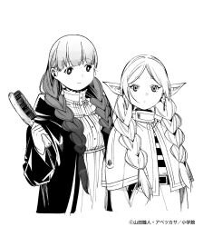 Rule 34 | 2girls, abe tsukasa, blunt bangs, braid, capelet, earrings, elf, fern (sousou no frieren), frieren, greyscale, hair brush, highres, jewelry, long hair, looking at viewer, low twin braids, monochrome, multiple girls, official art, parted bangs, pointy ears, sousou no frieren, twin braids, upper body, white background